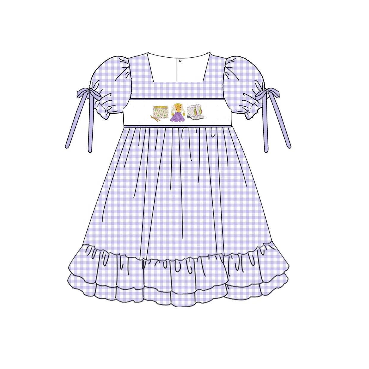 Preorder Baby Girl Short Sleeves Purple Checked Mardi Gras Knee Length Dress