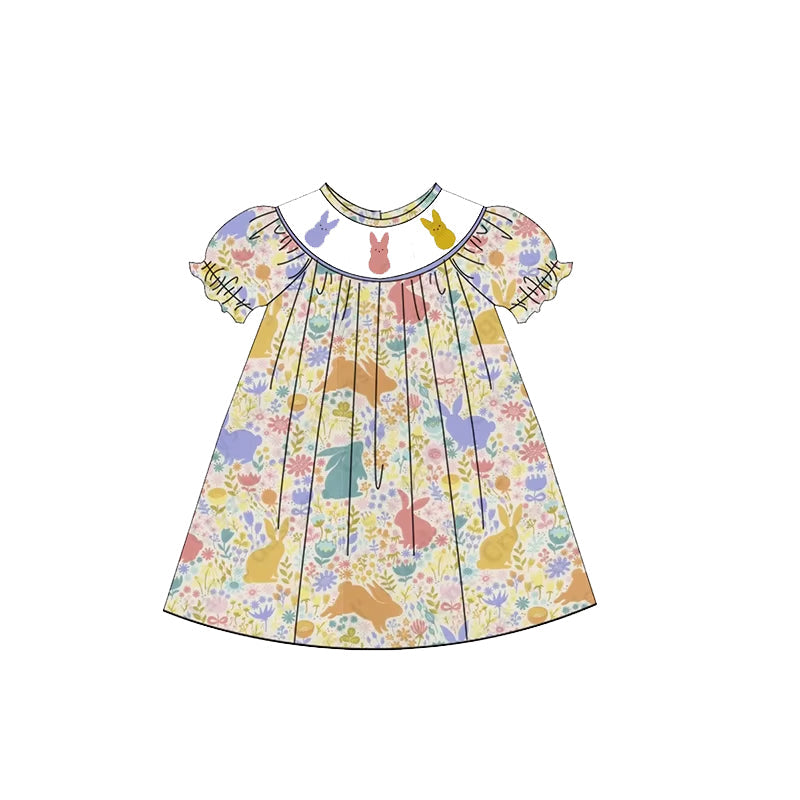 Preorder Baby Girl Short Sleeves Rabbits Flower Easter Knee Length Dress