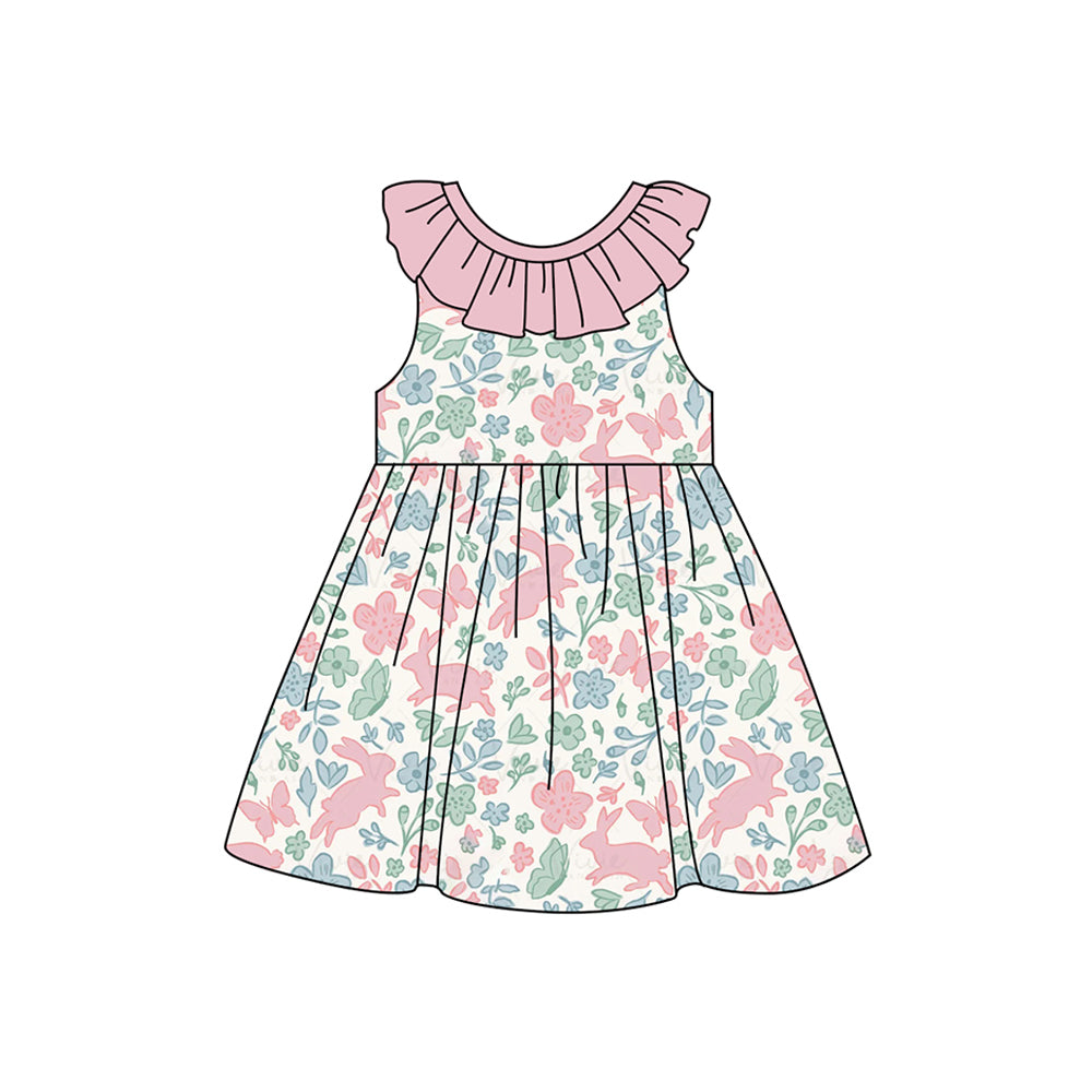 Preorder Baby Girl Sleeveless Easter Rabbits Flower Pink Ruffle Knee Length Dress