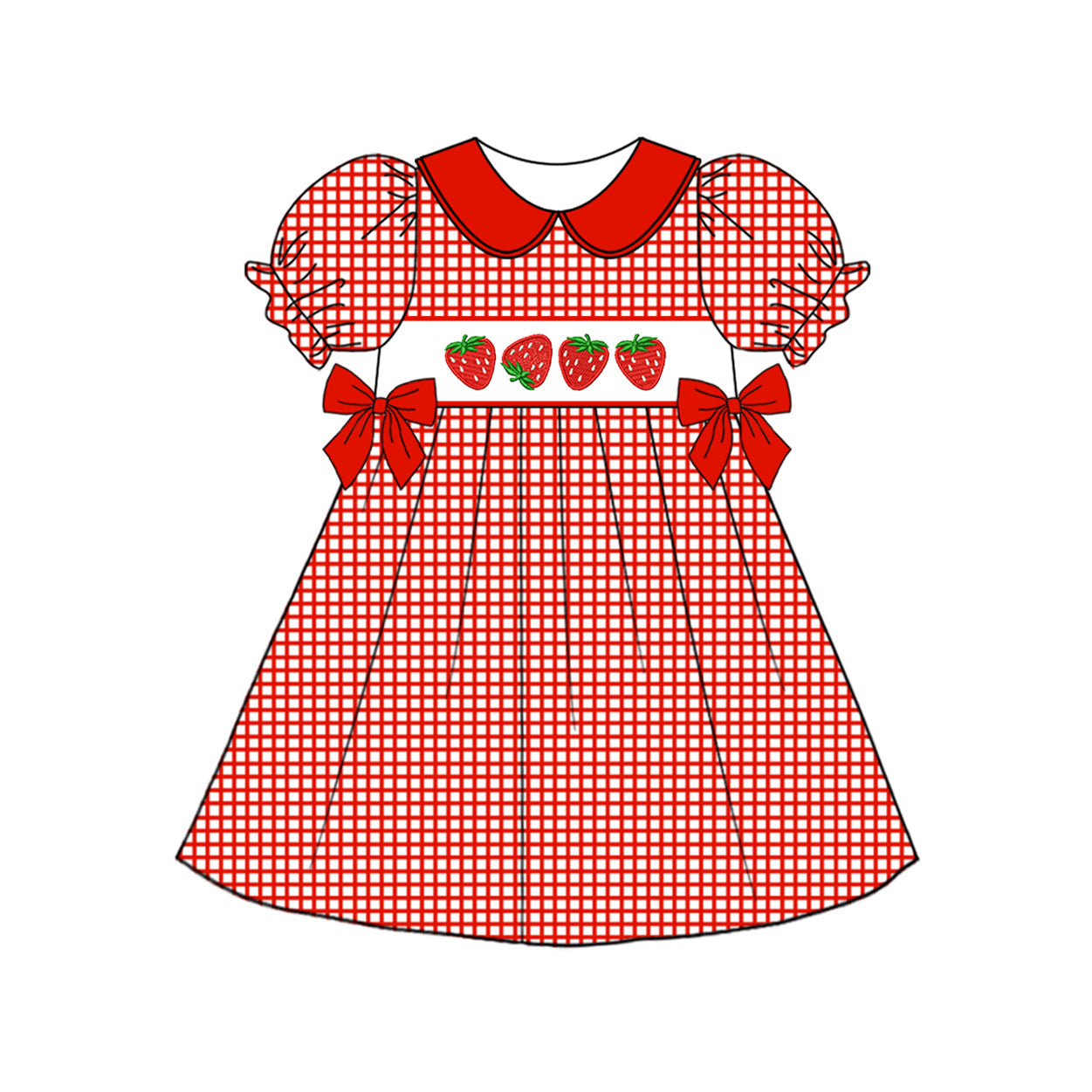 Preorder Baby Girl Short Sleeves Checkered Strawberry Bows Knee Length Red Dress