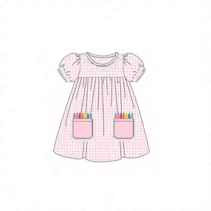 Preorder Baby Girl Short Sleeves Back to School Pink Checked Knee Length Dress