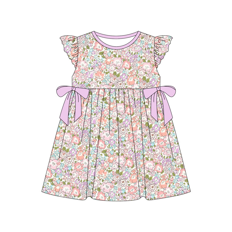 Preorder Baby Girl Short Sleeves Purple Bows Flower Knee Length Dress