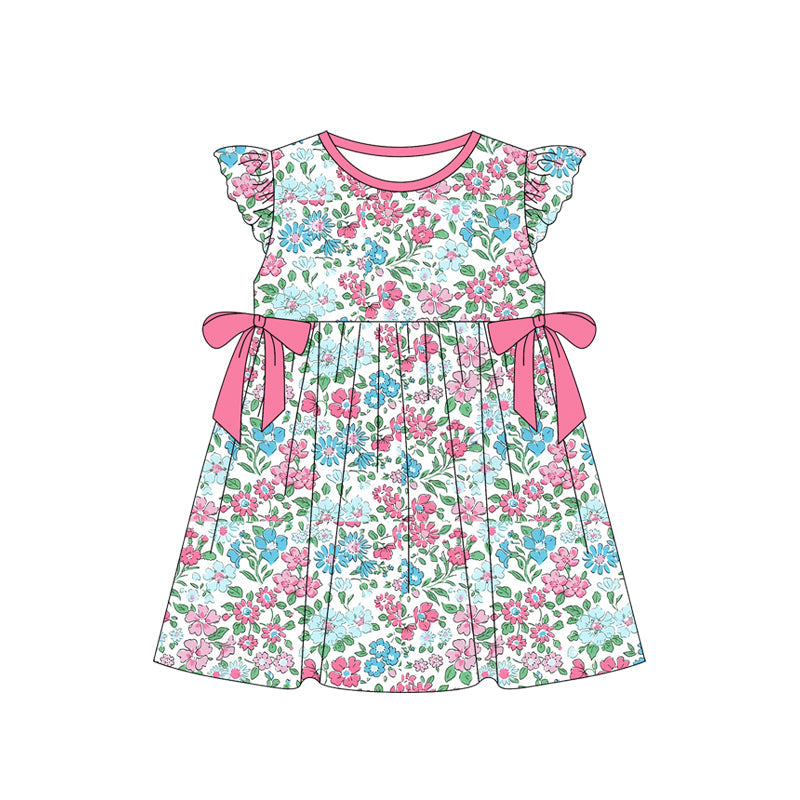 Preorder Baby Girl Short Sleeves Bows Floral Knee Length Dress