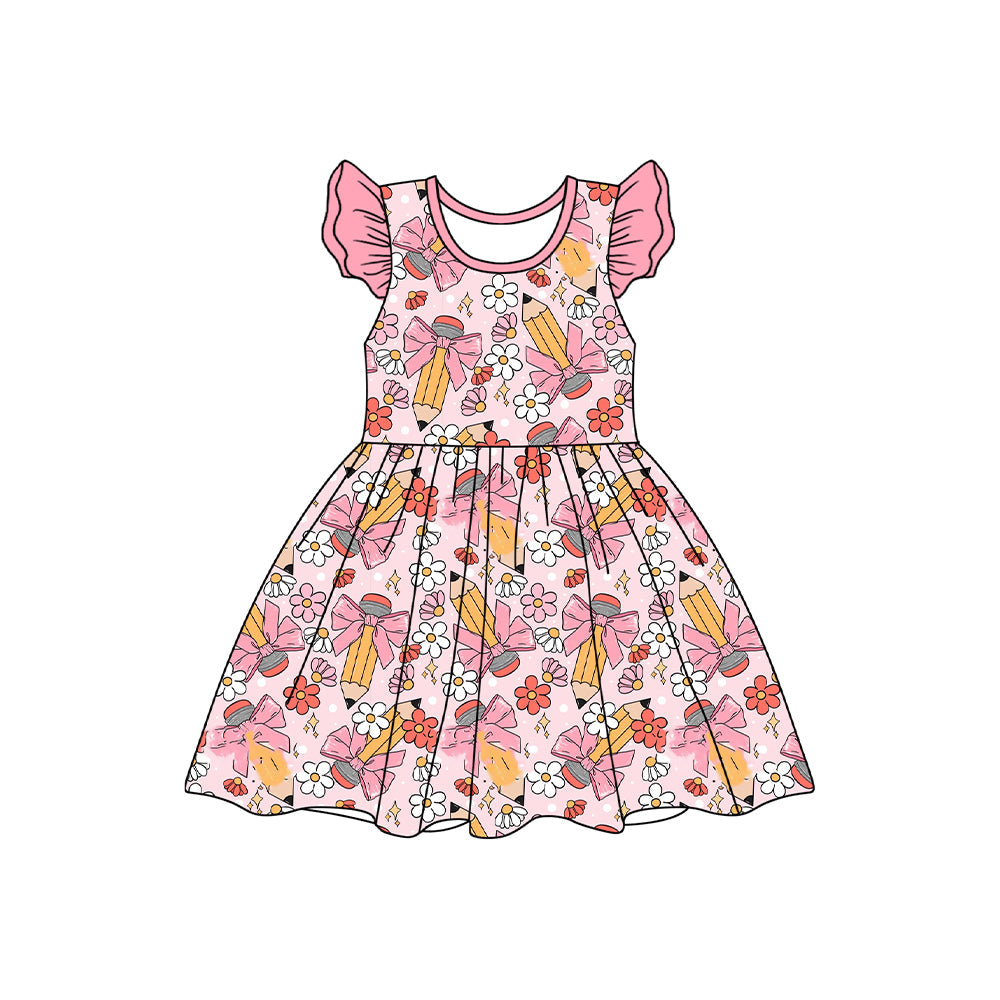 Preorder Baby Girl Short Sleeves Pencil Bows Flower Back To School Dress