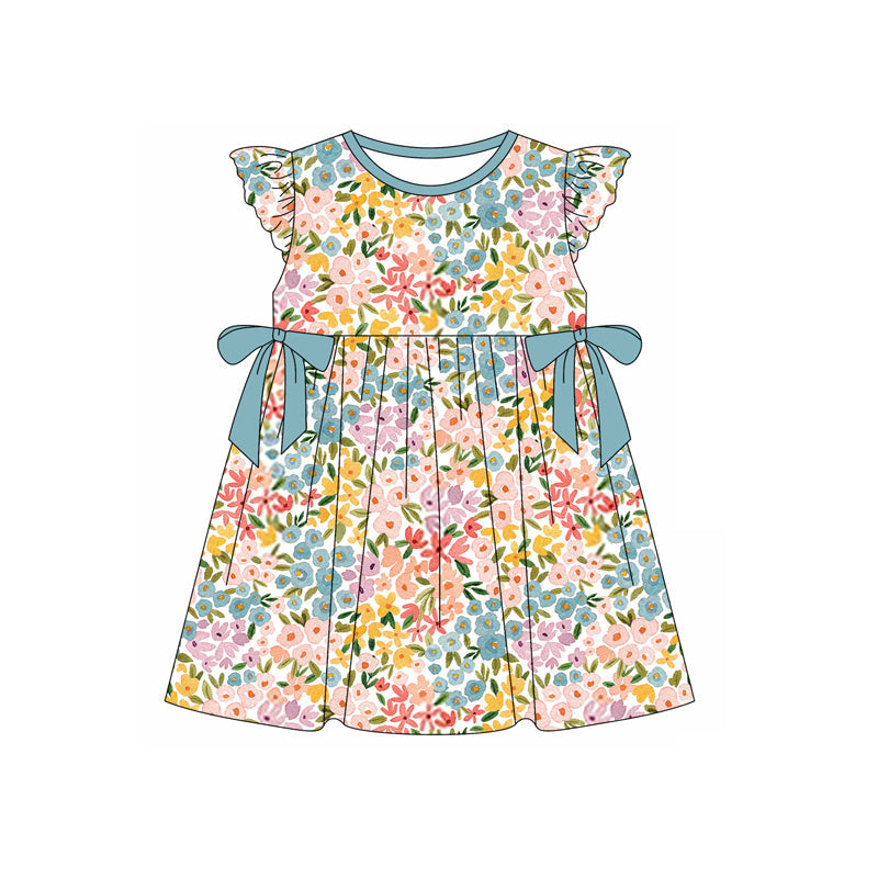 Preorder Baby Girl Short Sleeves Flower Blue Bows Knee Length Dress