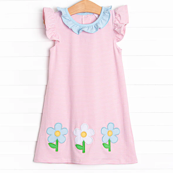 Preorder Baby Girl Short Sleeves Pink Stripes Flower Knee Length Dress