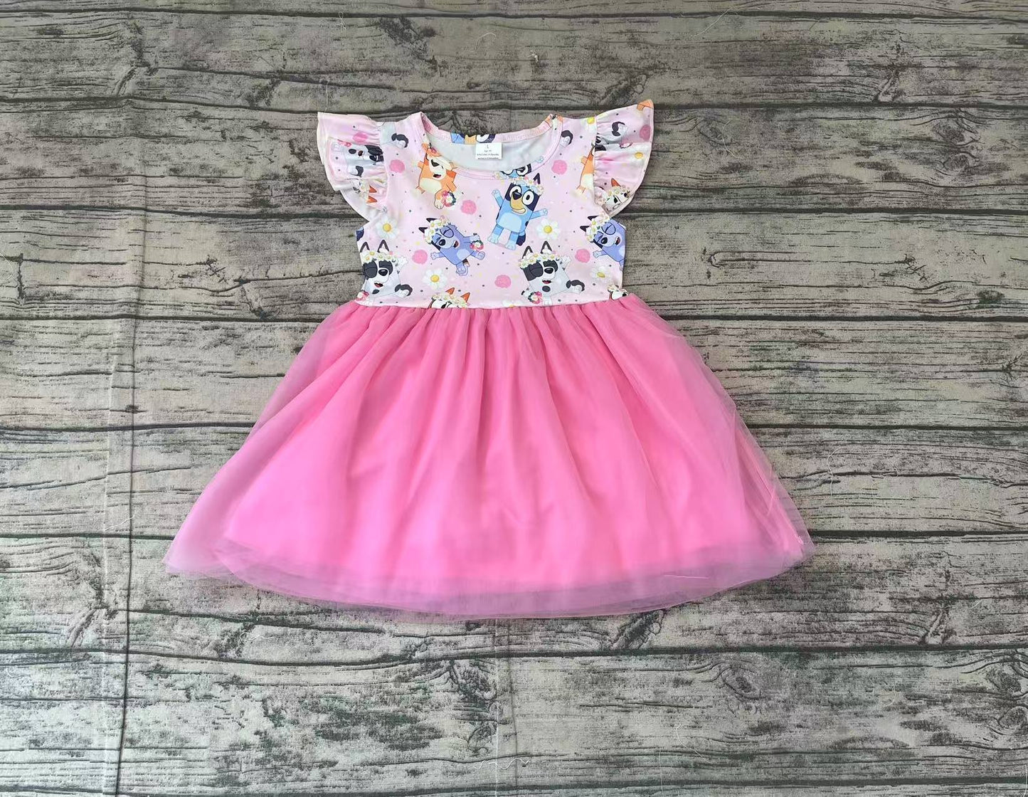 Preorder Baby Girl Short Sleeves Dogs Flower Pink Tulle Knee Length Dress（ No moq ）