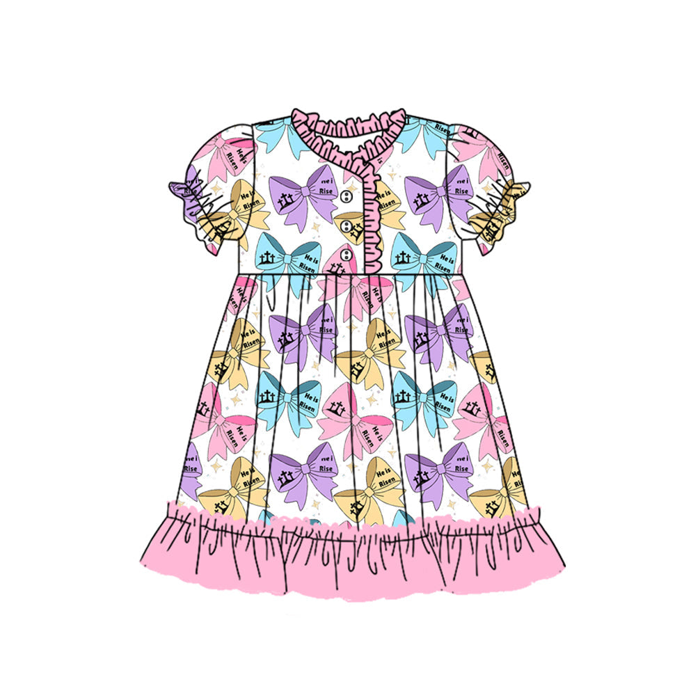 Preorder Baby Girl Short Sleeves Easter Bows Knee Length Dress