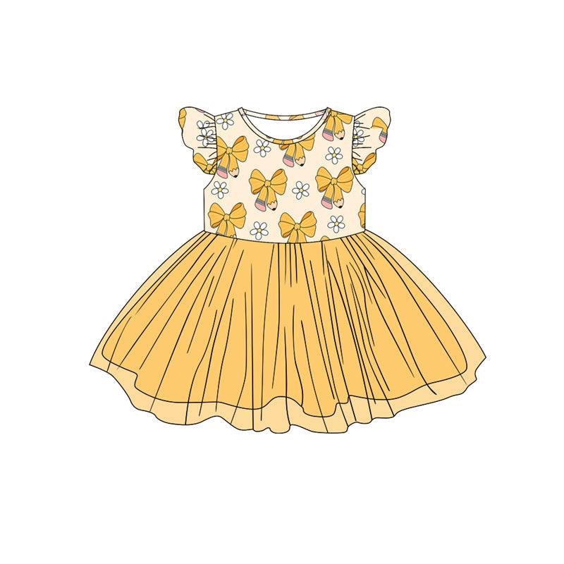Preorder Baby Girl Short Sleeves Back To School Bows Pencil Yellow Tulle Knee Length Dress