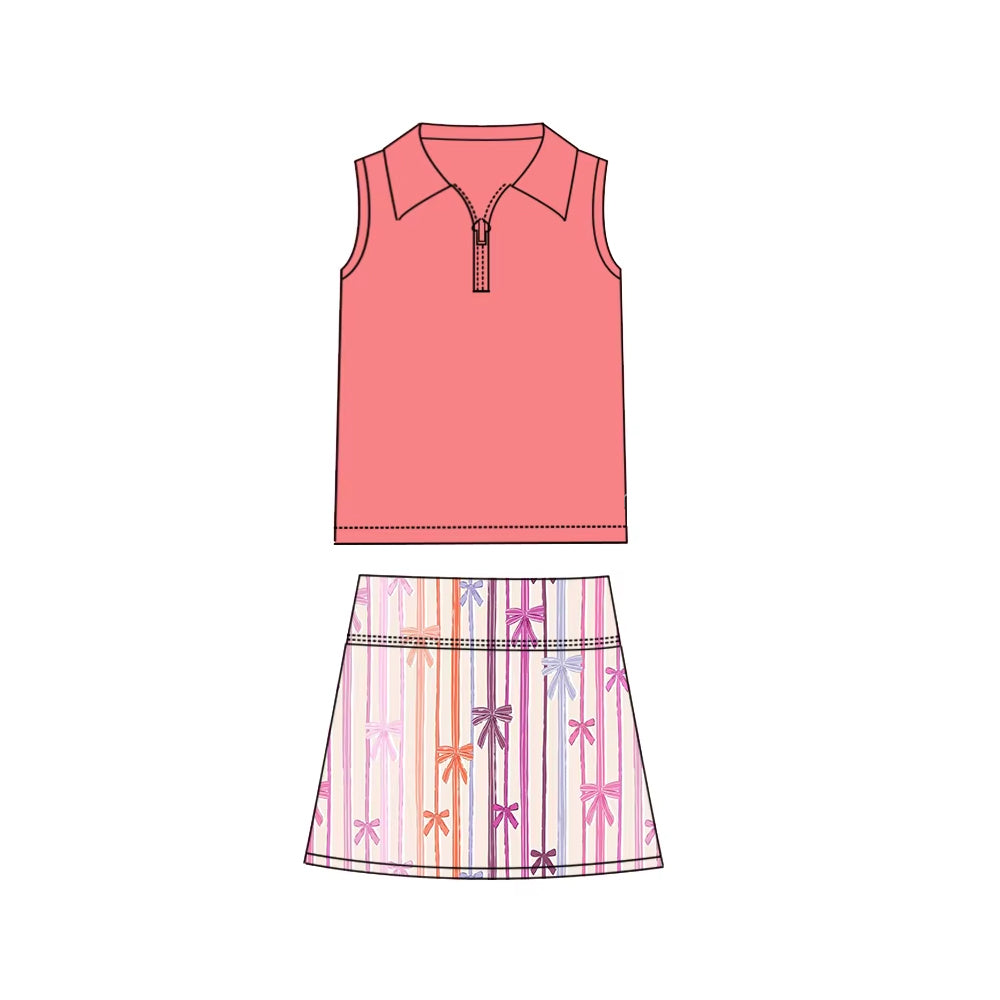 Preorder Baby Girl Sleeveless Zipper Shirt Bows Stripes Skirts Clothes Set