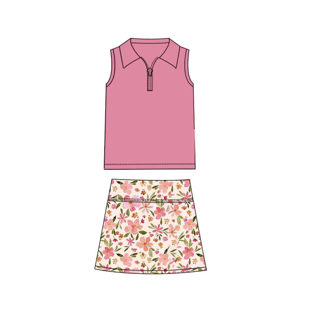 Preorder Baby Girl Sleeveless Zipper Shirt Flower Skirts Clothes Set