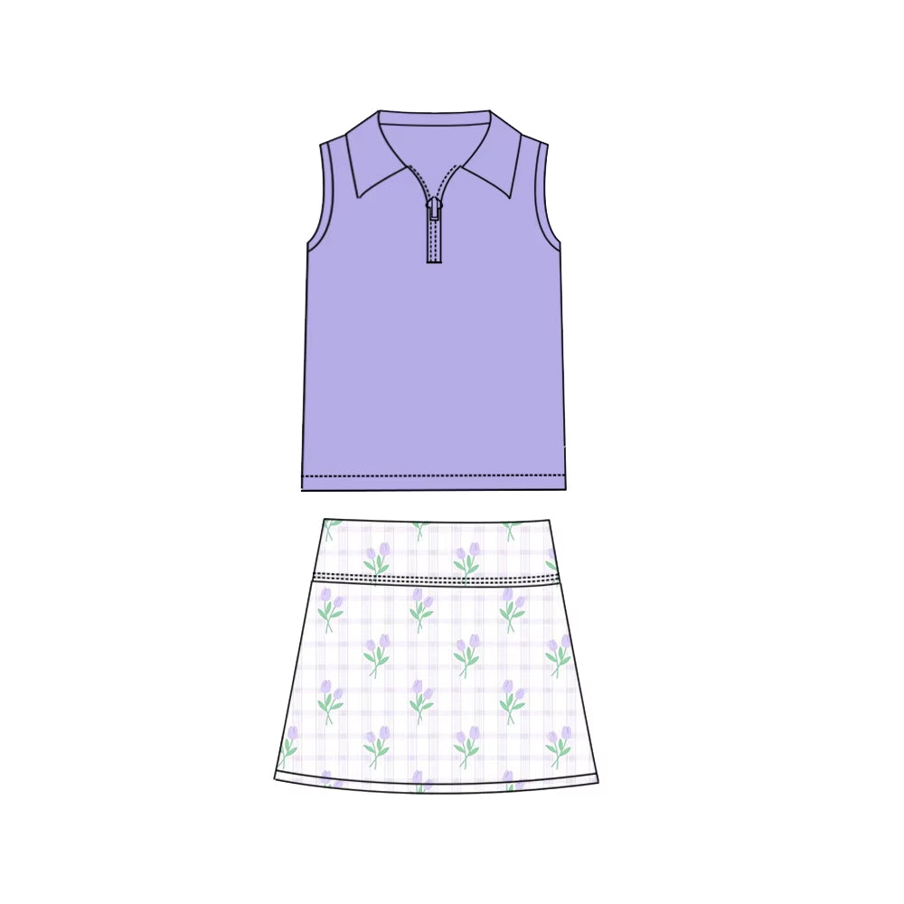 Preorder Baby Girl Sleeveless Zipper Purple Shirt Flower Skirts Clothes Set
