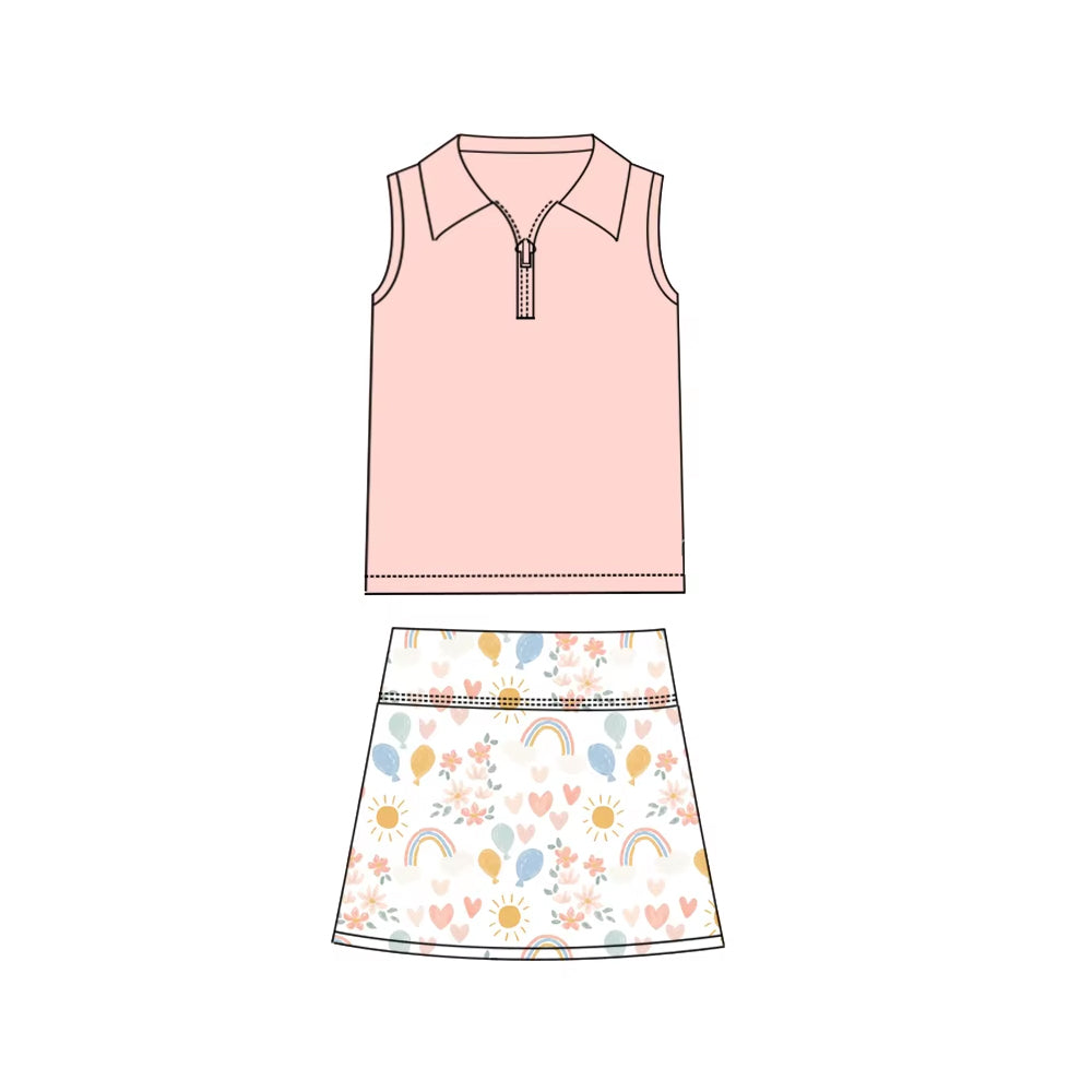 Preorder Baby Girl Sleeveless Zipper Pink Shirt Hearts Skirts Clothes Set