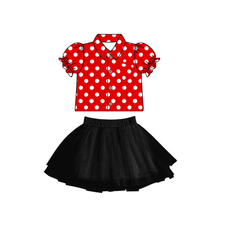 Preorder Baby Girl Short Sleeves Dots Red Buttons Shirt Black Tulle Skirt Clothes Set
