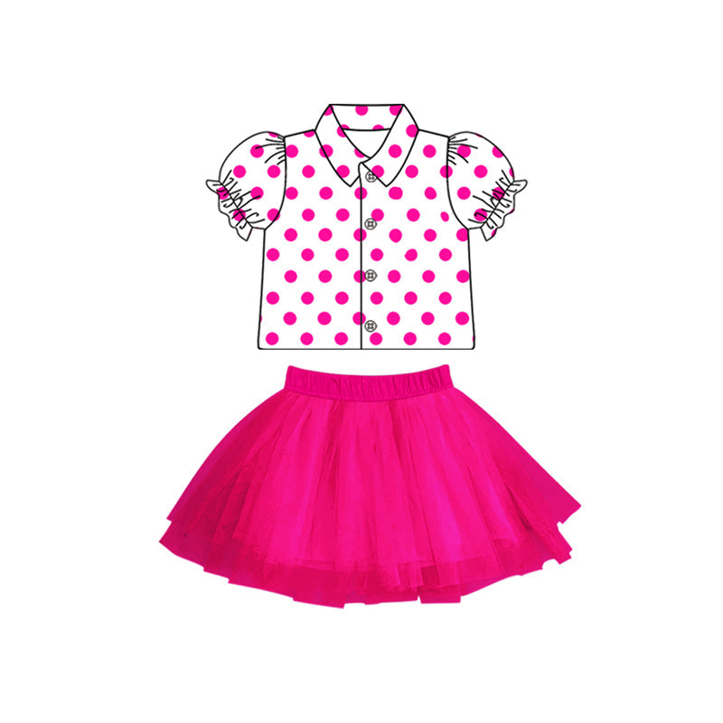 Preorder Baby Girl Short Sleeves Dots Buttons Shirt Pink Tulle Skirt Clothes Set