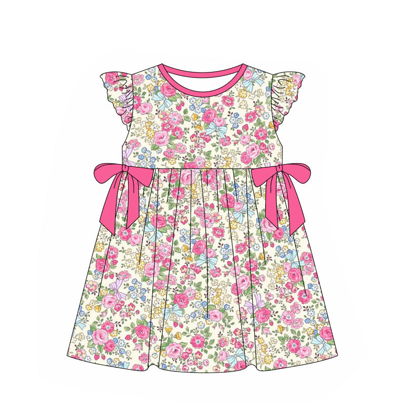 Preorder Baby Girl Short Sleeves Floral Pink Bows Knee Length Dress