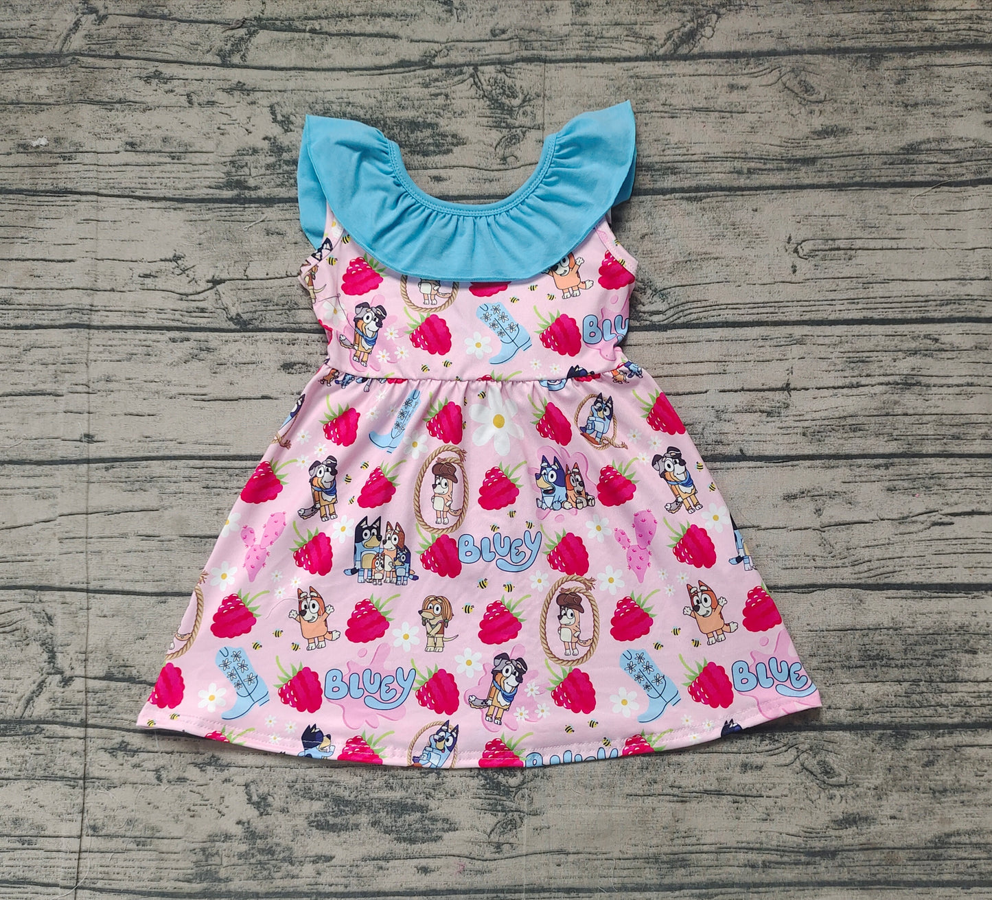 Preorder Baby Girl Dogs Strawberry Flower Cactus Blue Bow Knee Length Dress（ No moq ）