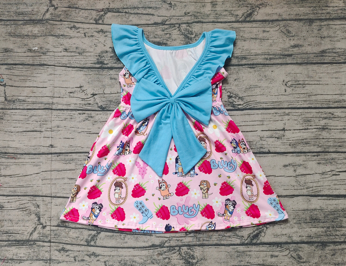 Preorder Baby Girl Dogs Strawberry Flower Cactus Blue Bow Knee Length Dress（ No moq ）