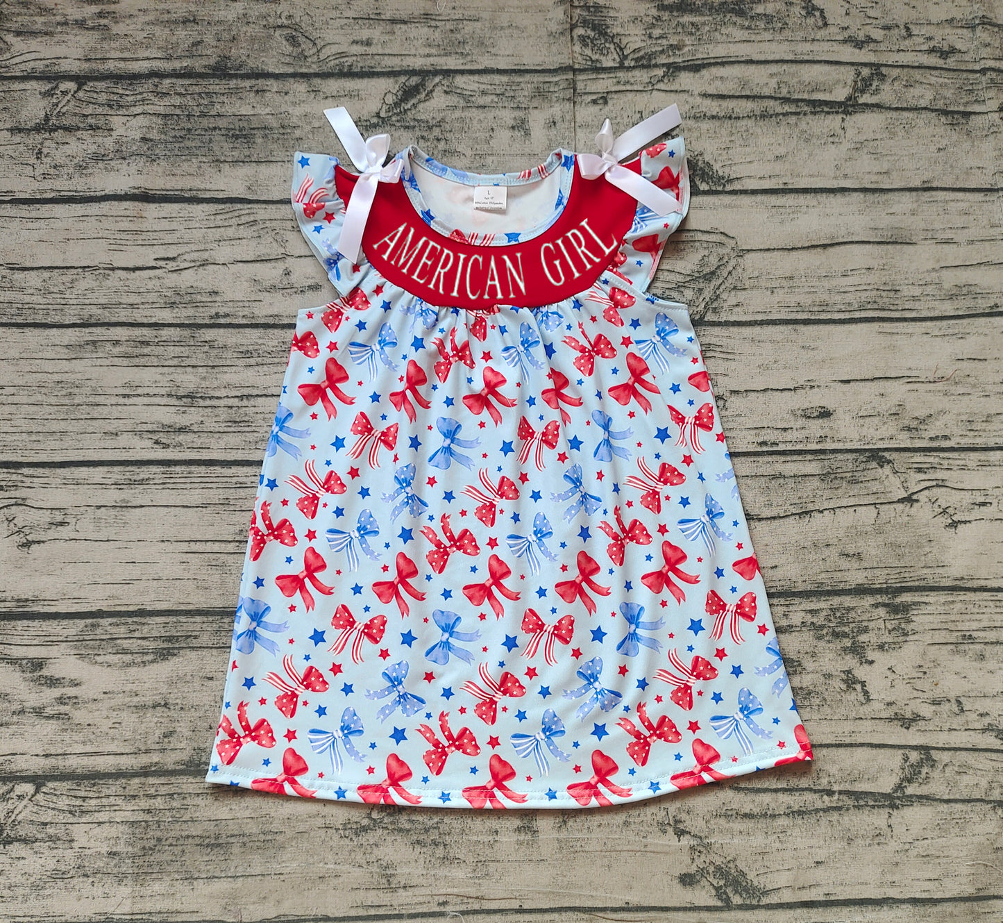 Preorder Baby Girl Short Sleeves Embroidery Bows Knee Length July 4th Dress