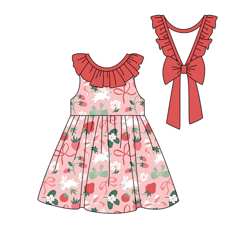 Preorder Baby Girl Sleeveless Strawberry Bows Knee Length Dress