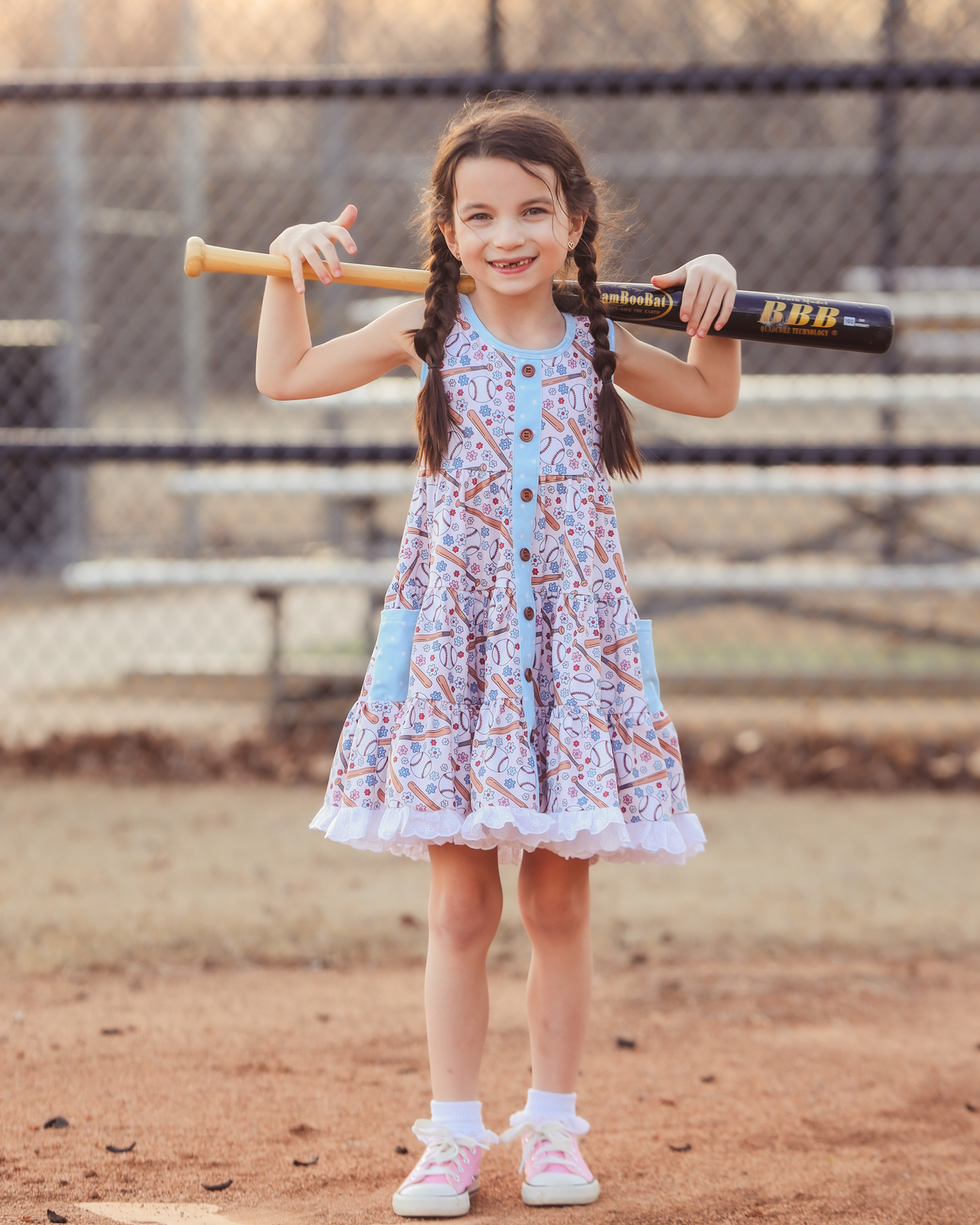 Preorder Baby Girl Sleeveless Baseball Floral Pockets Ruffle Knee Length Dress