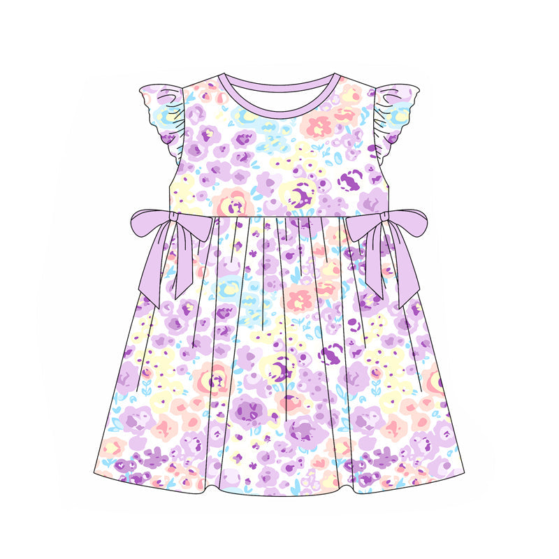 Preorder Baby Girl Short Sleeves Flower Purple Bows Knee Length Dress