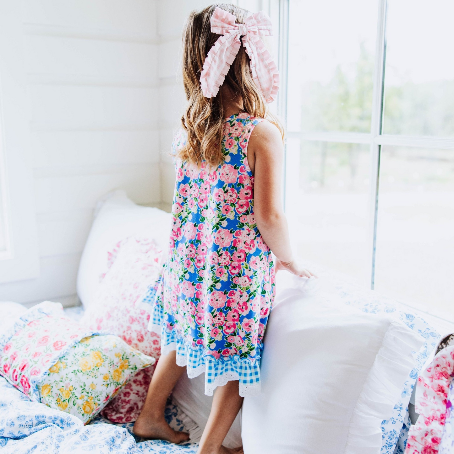 Preorder Baby Girl Sleeveless Flower Blue Plaid Ruffle Knee Length Dress