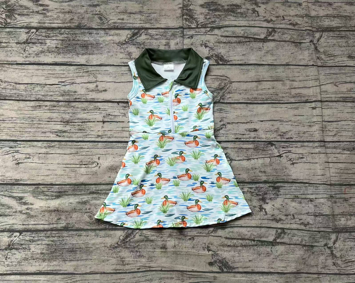 Preorder Baby Girl Sleeveless Ducks Athletic Green Shorts Dress ( No moq )