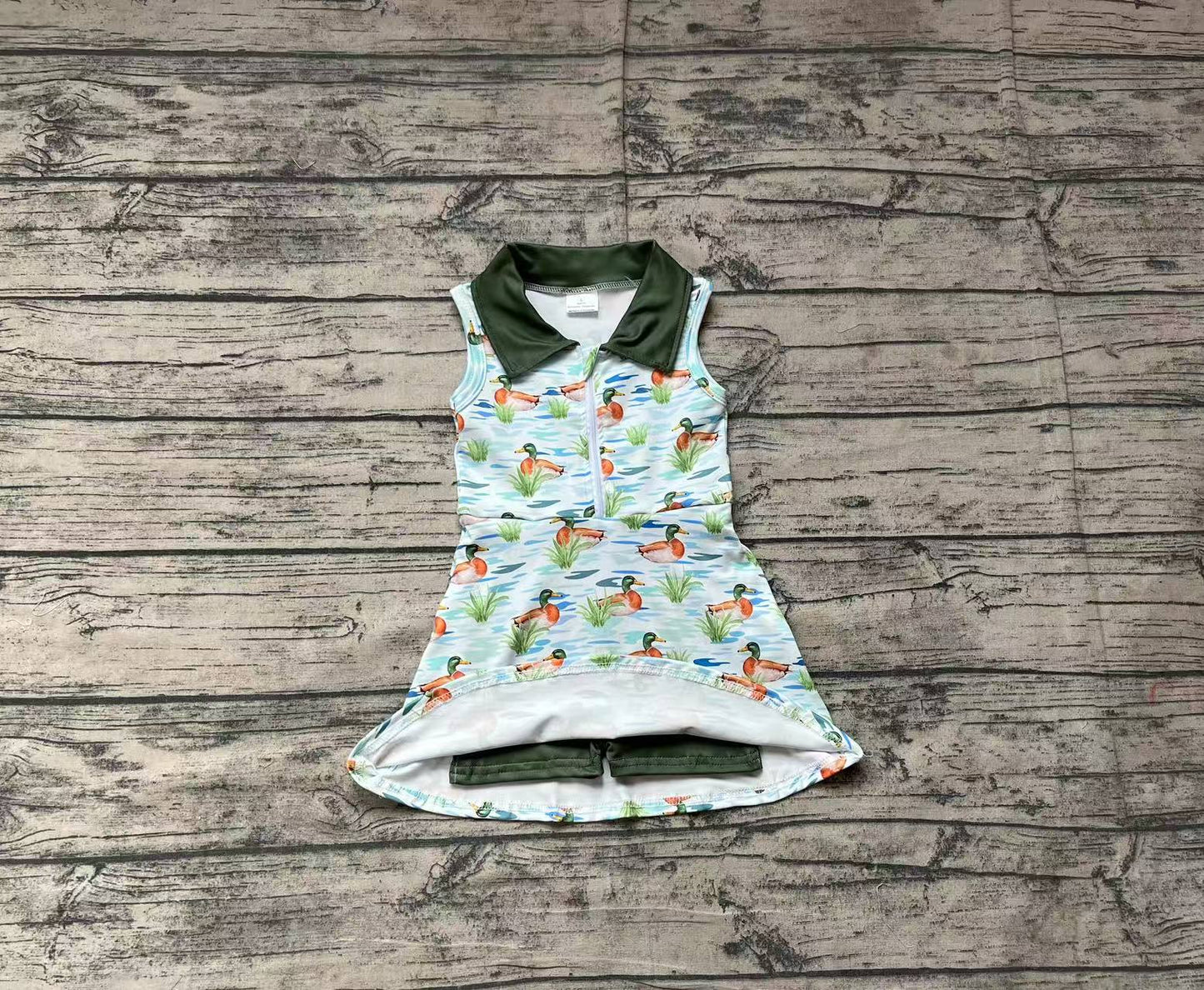 Preorder Baby Girl Sleeveless Ducks Athletic Green Shorts Dress ( No moq )