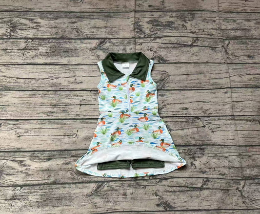 Preorder Baby Girl Sleeveless Ducks Athletic Green Shorts Dress ( No moq )