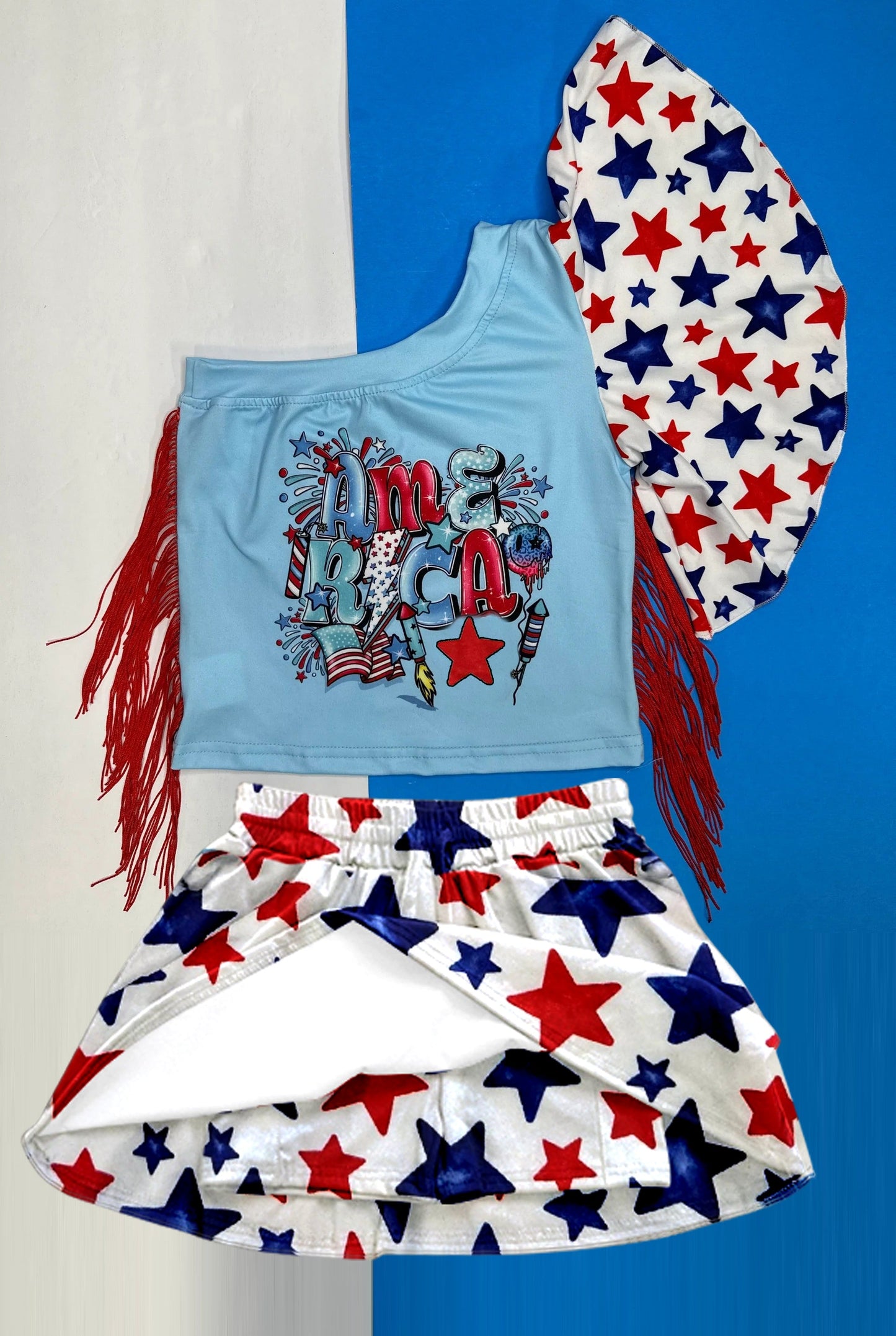 Preorder Baby Girl One Shoulder July 4th Stars America Tassels Tops Skorts Clothes Set