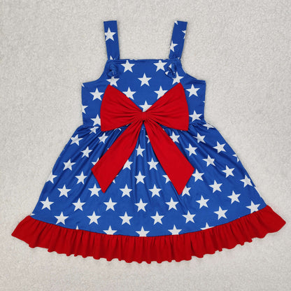 Sibling Baby Girls Kids Straps Stars Bows 4th of July Ruffle Knee Length Dresses RTS