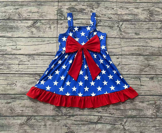 Preorder Baby Girl Sleeveless July 4th Stars Knee Length Red Bow Dress（ No moq ）