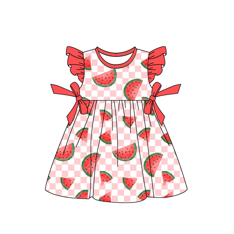 Preorder Baby Girl Short Sleeves Watermelon Bows Knee Length Dress
