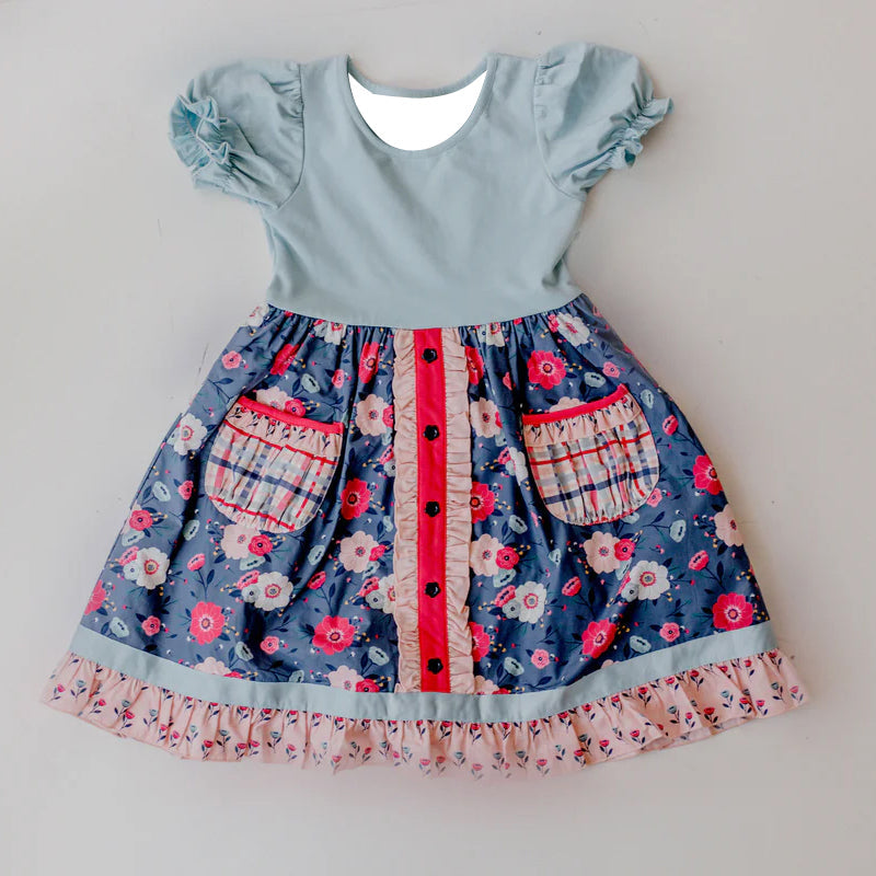 Preorder Baby Girl Short Sleeves Flower Pockets Knee Length Ruffle Dress