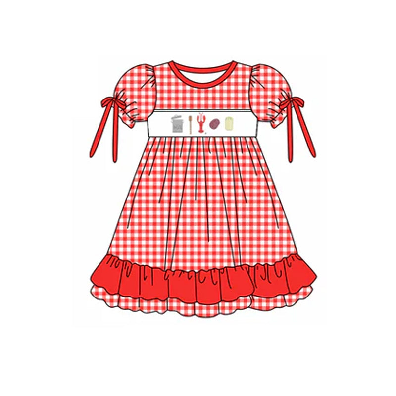 Preorder Baby Girl Short Sleeves Crawfish Bows Checked Knee Length Red Dress