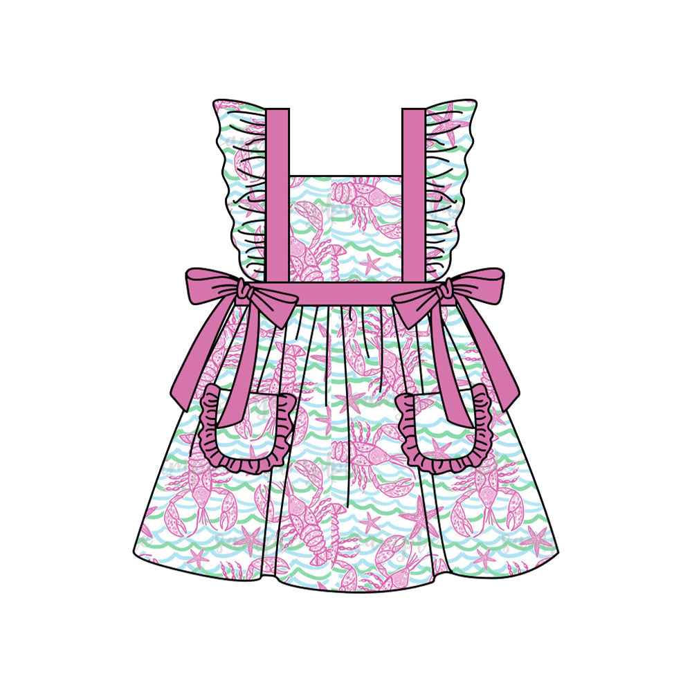 Preorder Baby Girl Short Sleeves Crawfish Pockets Bows Knee Length Dress