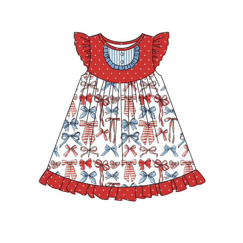 Preorder Baby Girl Short Sleeves 4th Of July Bows Knee Length Dress