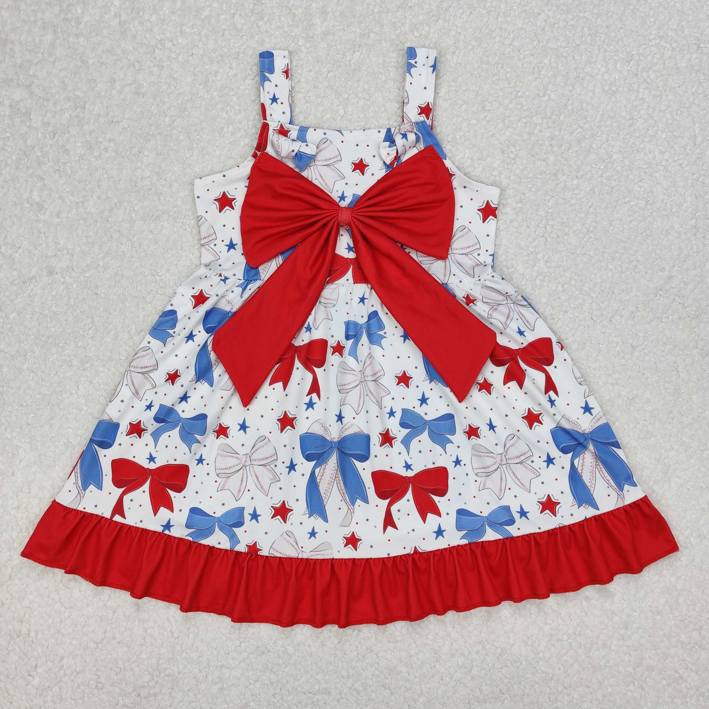 Sibling Baby Girls Kids Straps Stars Bows 4th of July Ruffle Knee Length Dresses RTS