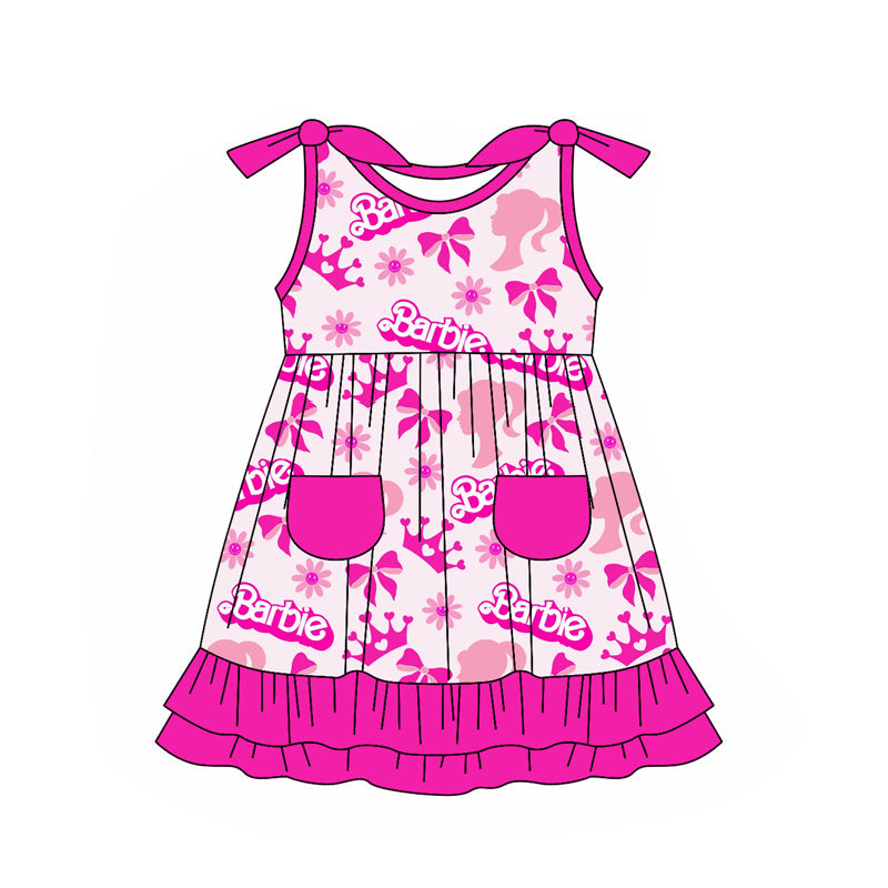 Preorder Baby Girl Sleeveless Doll Pink Ruffle Pockets Knee Length Dress ( Moq 5 )