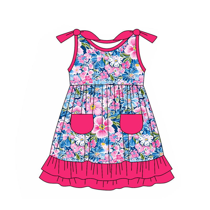 Preorder Baby Girl Sleeveless Flower Pockets Ruffle Knee Length Dress ( Moq 5 )
