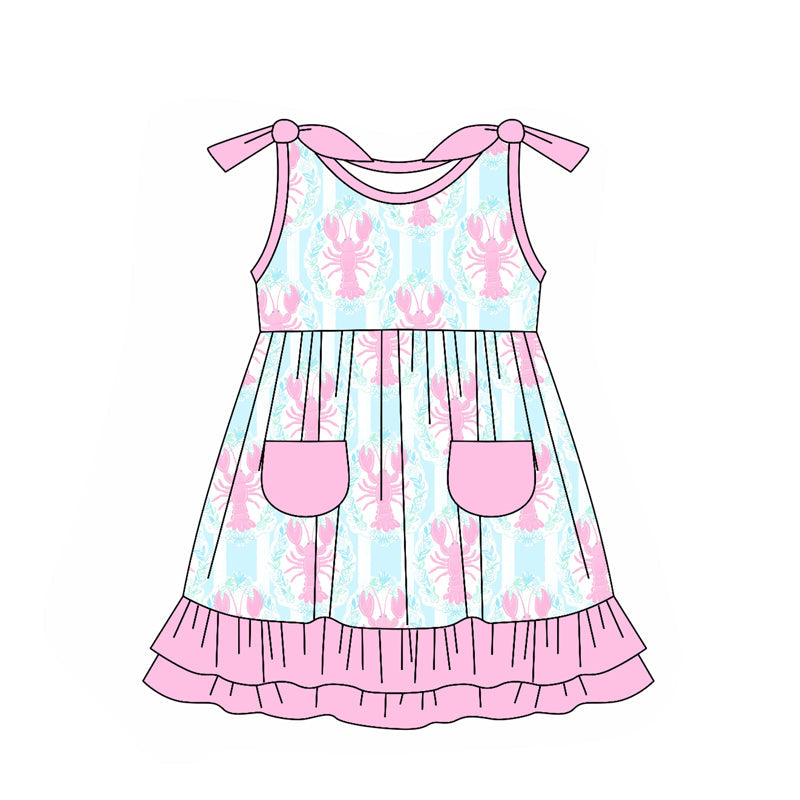 Preorder Baby Girl Sleeveless Crawfish Pockets Ruffle Knee Length Dress ( Moq 5 )