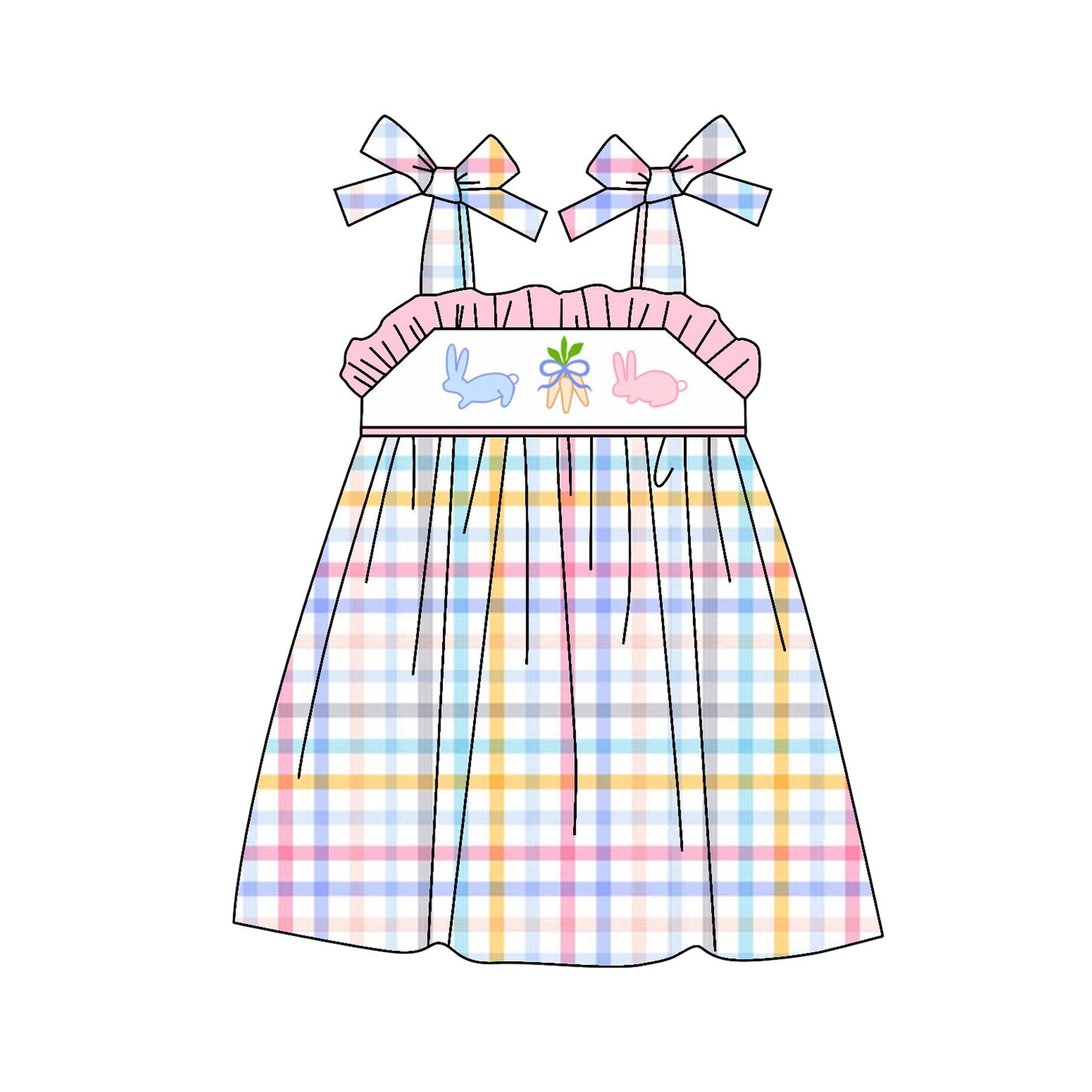 Preorder Baby Girl Straps Easter Rabbits Plaid Knee Length Dress ( Moq 5 )