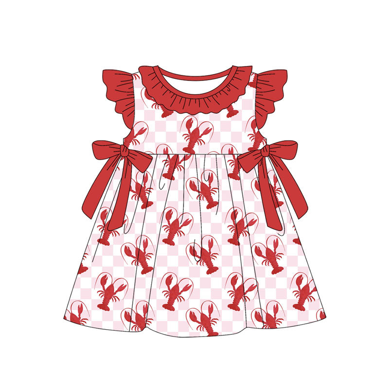 Preorder Baby Girl Short Sleeves Checkered Crawfish Bows Knee Length Dress ( Moq 5 )