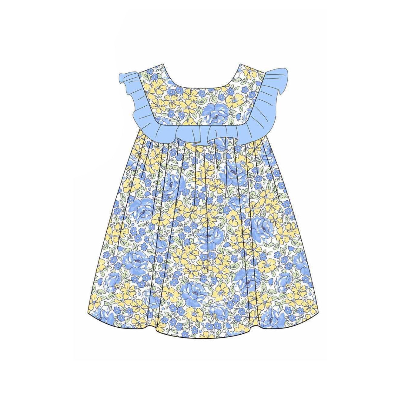 Preorder Baby Girl Short Sleeves Blue Ruffle Flower Knee Length Dress ( Moq 5 )