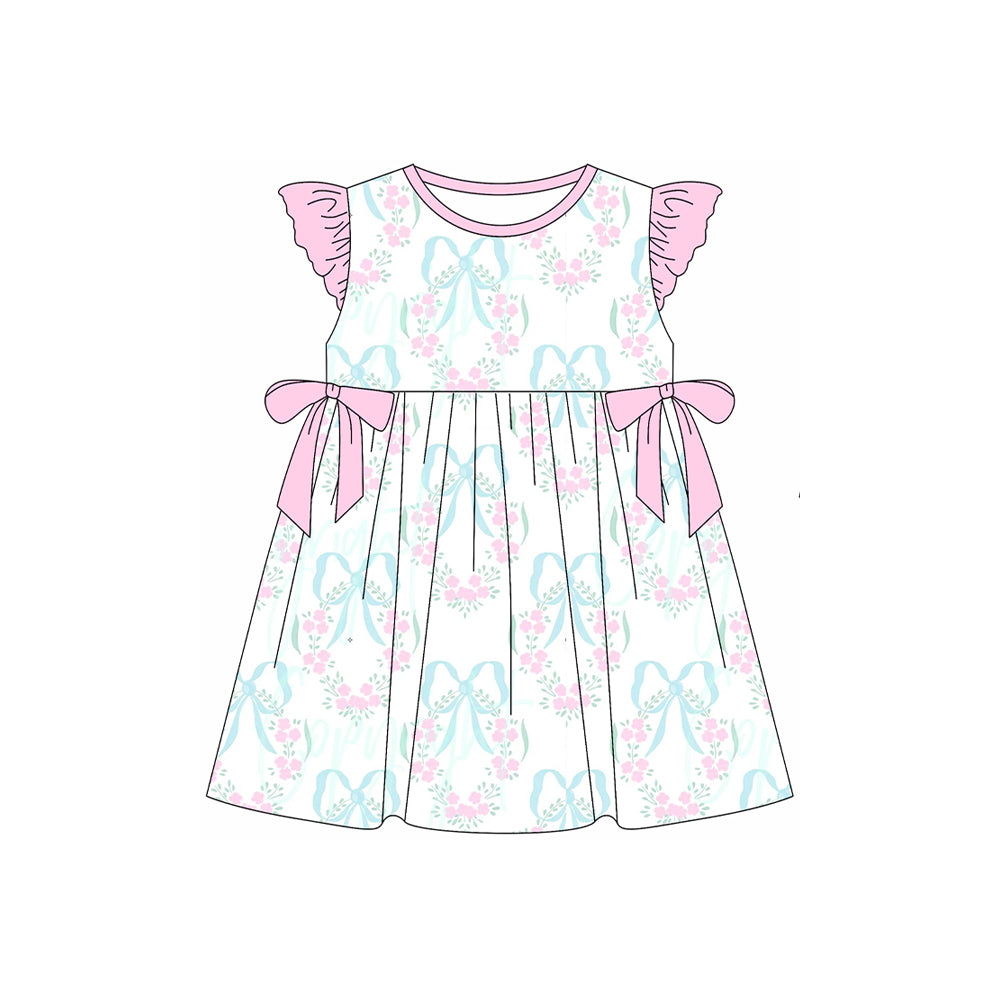 Preorder Baby Girl Short Sleeves Pink Bows Flower Knee Length Dress ( Moq 5 )