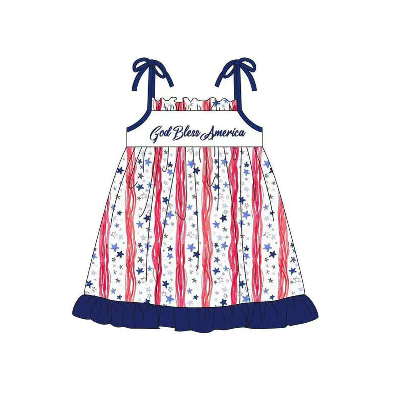 Preorder Baby Girl Straps God Bless America July 4th Knee Length Dress ( Moq 5 )