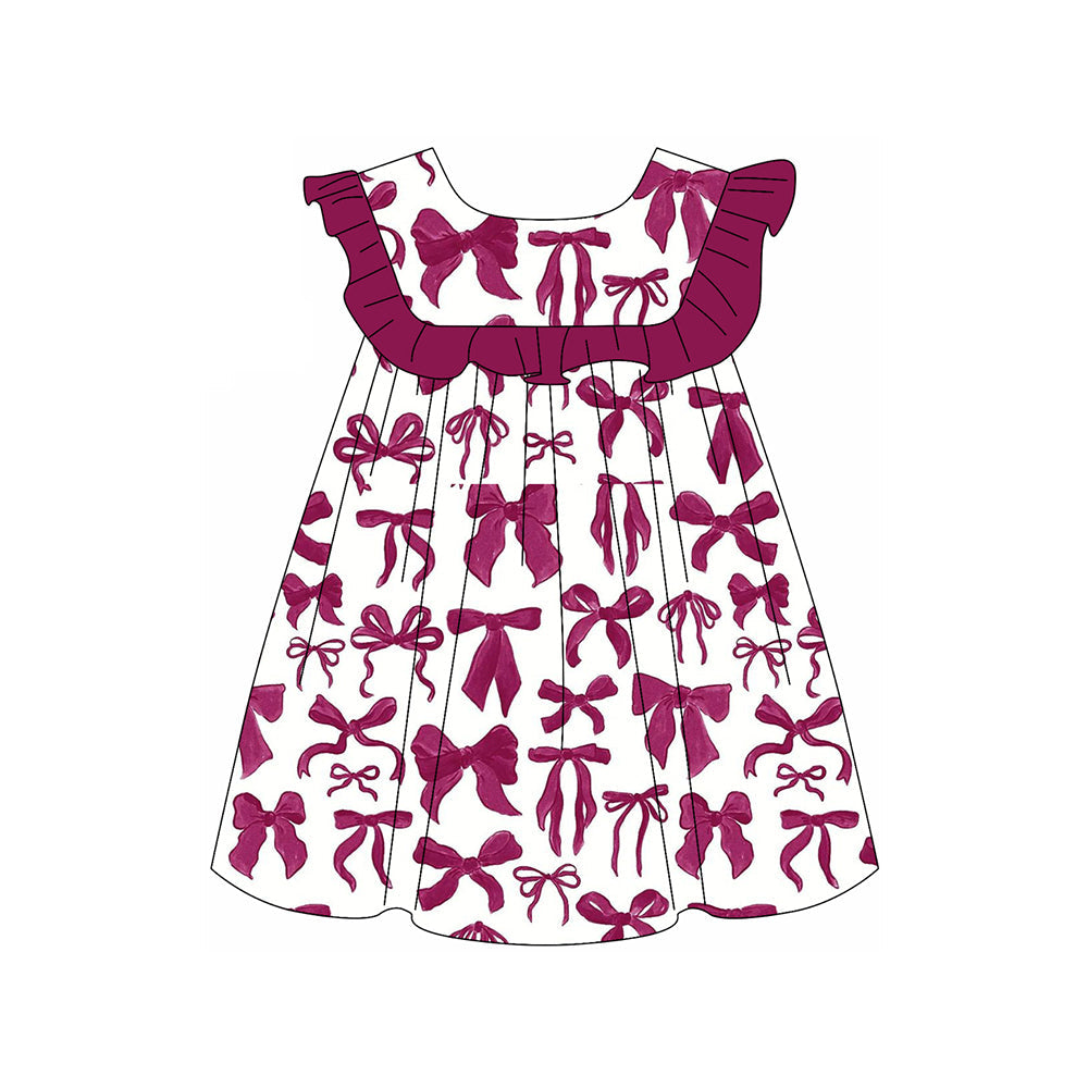 Preorder Baby Girl Short Sleeves Ruffle Bows Knee Length Dress ( Moq 5 )