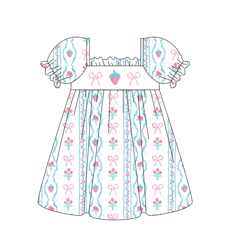 Preorder Baby Girl Short Sleeves Bows Strawberry Flower Knee Length Dress ( Moq 5 )