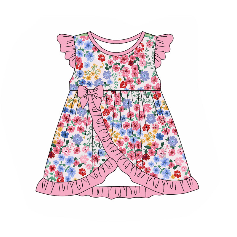 Preorder Baby Girl Short Sleeves Flower Bow Ruffle Knee Length Dress ( Moq 5 )